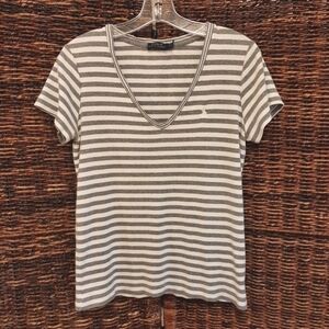 Polo Ralph Lauren Tee Shirt Womens Large Gray White Striped Preppy Pony Logo